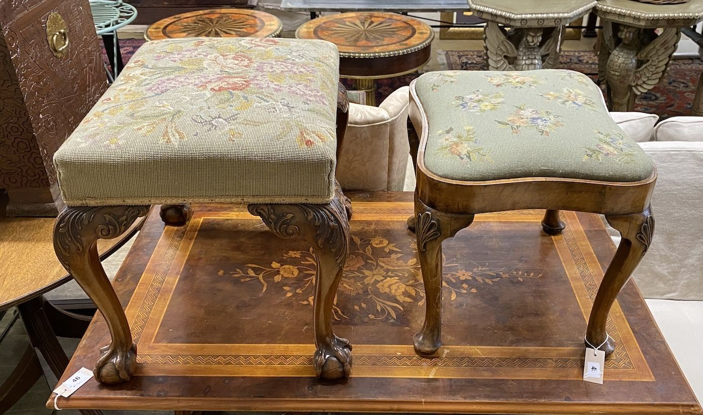 Two 18th century style mahogany and walnut dressing stools, larger width 60cm, depth 48cm, height 49cm